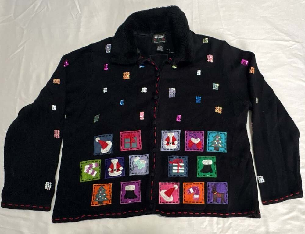 Designers Originals Studio Fa La La Christmas Cardigan Size XL Black Faux Fur